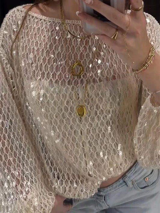 Cralom Sequin Knit Blouse: Women's Long Sleeve Pullover Top, Chic Vacation Style