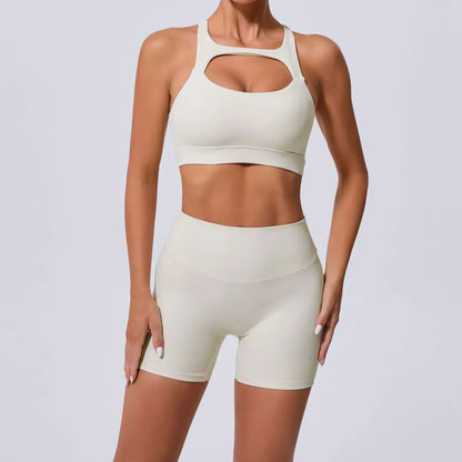 Cralom Yoga Sets: Peach Hip-lifting Shorts & Cross Back Vest for Women