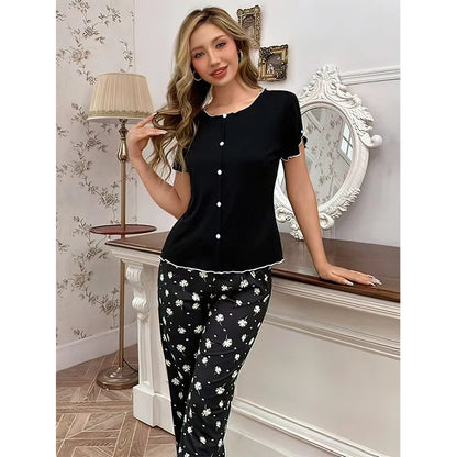 Cralom Satin Pajama Set: Short Sleeve Top & Elastic Pants, Simple Style Comfort loungewear