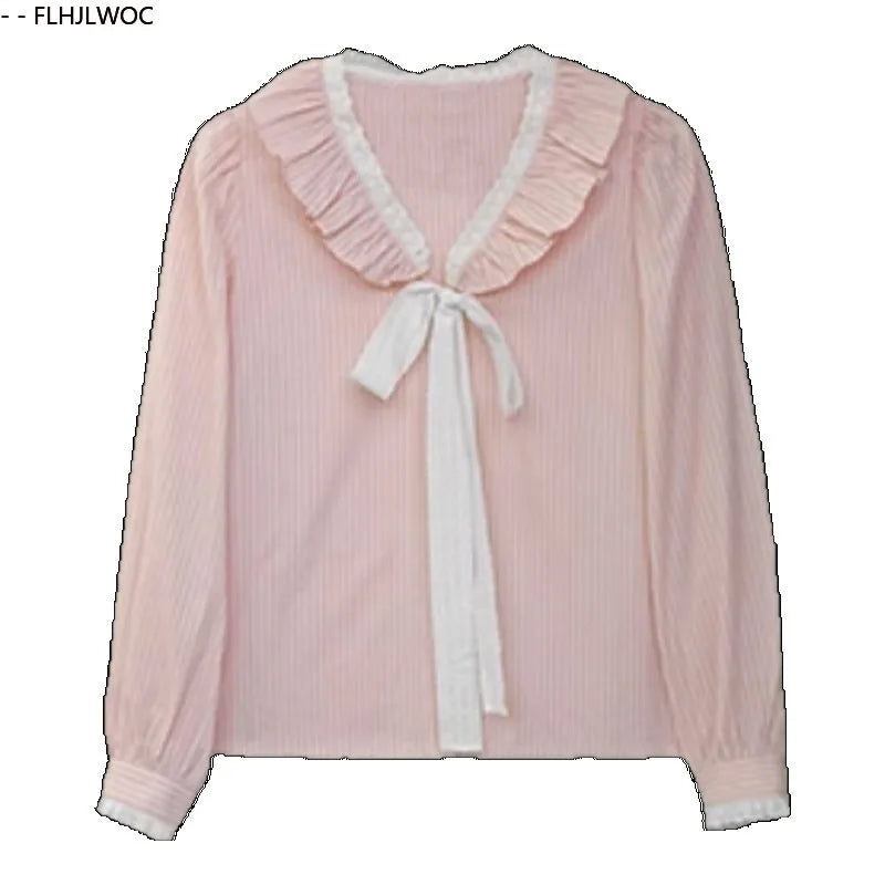 Pink Ruffles Blouse with Bow Tie & Button Detail by Cralom