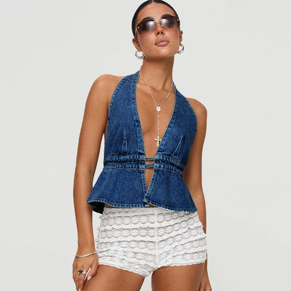 Cralom Lace-Up Denim Halter Vest for Women Summer 2025