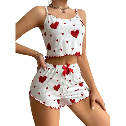 Heart Print Pajama Set with Adjustable Cami Top and Bow Shorts for Women by Cralom