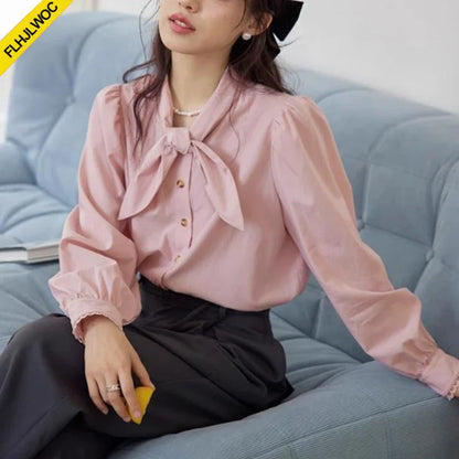 Cralom Bow Tie Blouse - Long Sleeve Preppy Style Solid Color