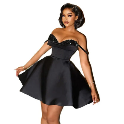 Cralom Elegant Glitter Splicing Evening Dress Short Dress