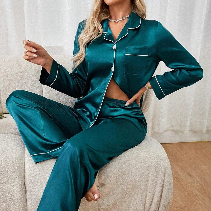 Cralom Satin Pajama Set: Long Sleeve Top & Elastic Pants for Women's Sleepwear