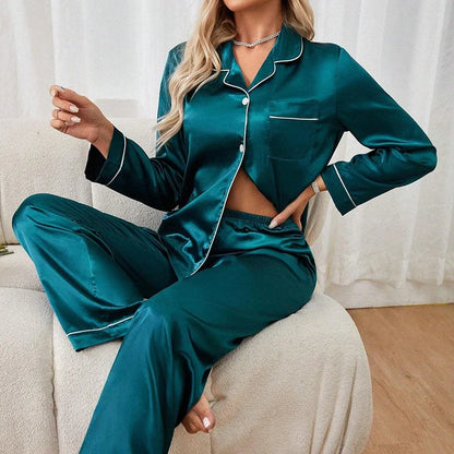 Cralom Satin Pajama Set: Long Sleeve Top & Elastic Pants for Women's Sleepwear