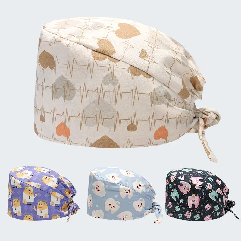 Cralom Cartoon Print Cotton Scrub Caps for Pet Grooming & Medical Professionals