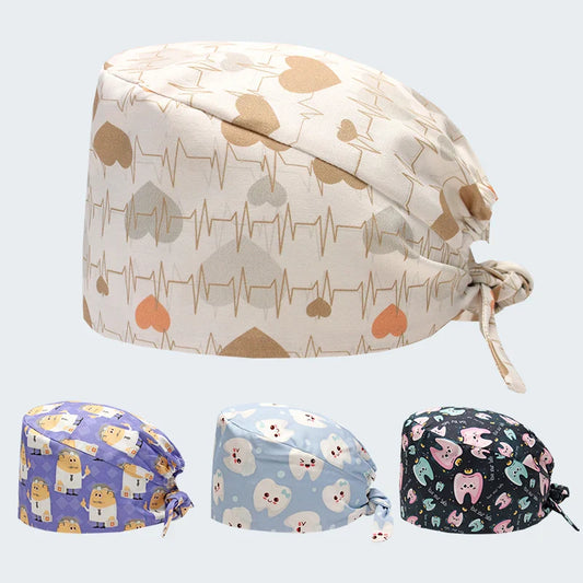 Cralom Cartoon Print Cotton Scrub Caps for Pet Grooming & Medical Professionals