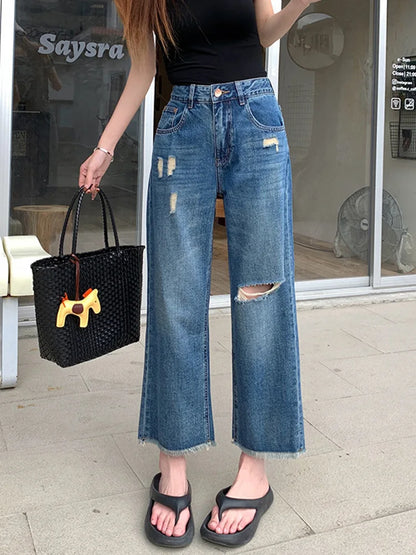 Cralom Vintage Washed Blue High Waist Loose Straight Jeans