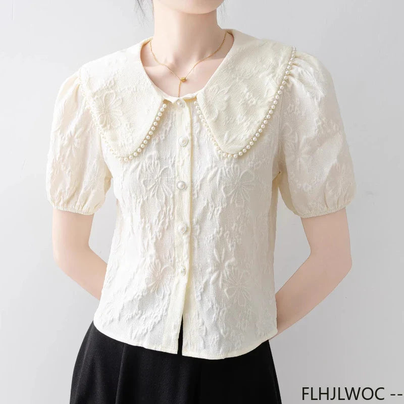 Cralom Button Shirts: 2025 Summer Women's Beaded Peter Pan Collar Top