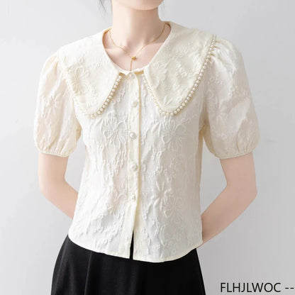 Cralom Button Shirts: 2025 Summer Women's Beaded Peter Pan Collar Top