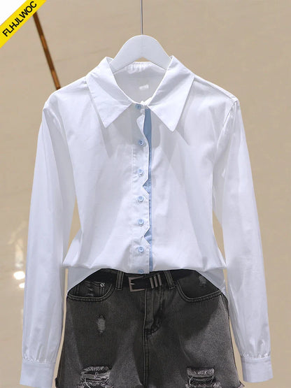 Cralom Retro Vintage Blue Button Cotton Tops Blouses for Chic Office Lady