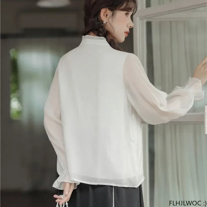 Cralom Chic Cotton Ruffles Beaded Chi-pao Collar Blouse