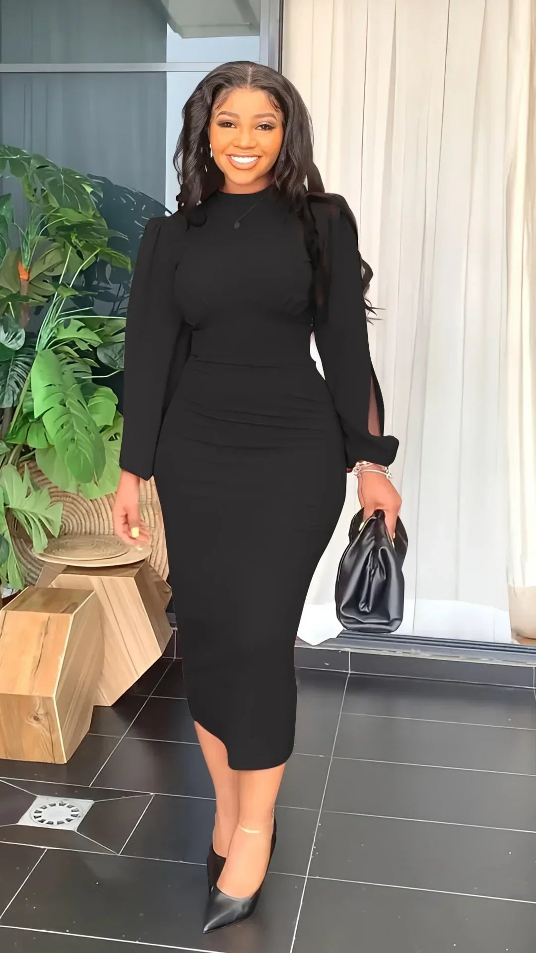 Cralom Round Neck Long Sleeve Hollow Sleeve Women's Dress