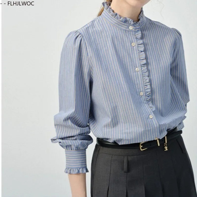 Cralom Blue Striped Retro Vintage Top for Women - Fall Chic Design