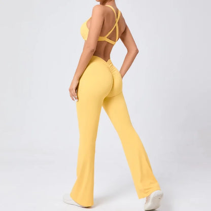 Cralom Flared Pants & Beauty Back Bra Set - Brushed Fabric Yoga Suit