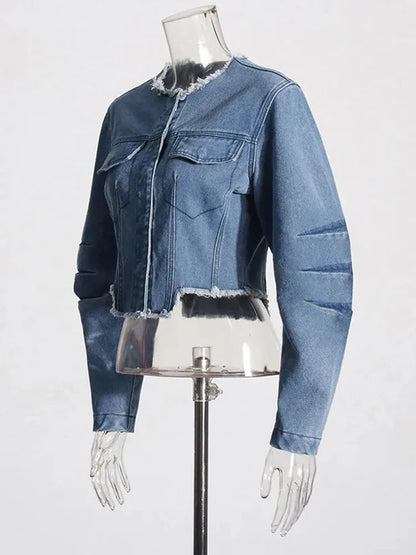 Cralom Rawhem Denim Coat - Round Neck Long Sleeve Slimming Jacket for Women