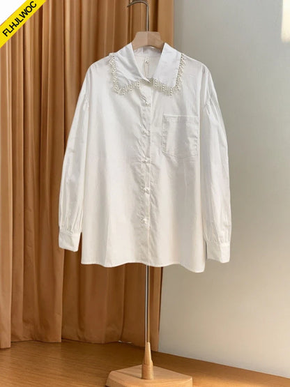 Cralom Ruffled White Blouse with Pockets & Beaded Detail