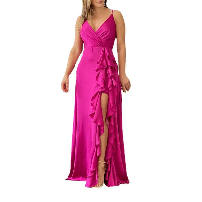Cralom Summer Maxi Skirt Dress with Ruffle V-neck and High Waist