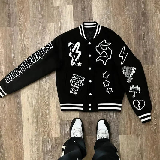Cralom Geometric Letters Flocking Baseball Uniform Men Y2K Jacket