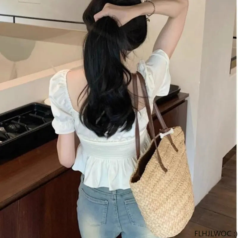 Cralom Off Shoulder Crop Tops: 2023 Summer Bow Tie Slim Waist Blouse