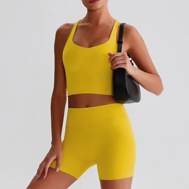 Cralom Naked Feel Yoga Set: Backless Top & Peach Booty Shorts