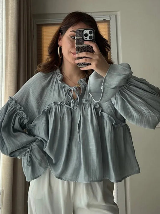 Cralom Casual Ruffles Shirt, Lantern Sleeves, Lace-Up O-Neck, Solid Color Streetwear