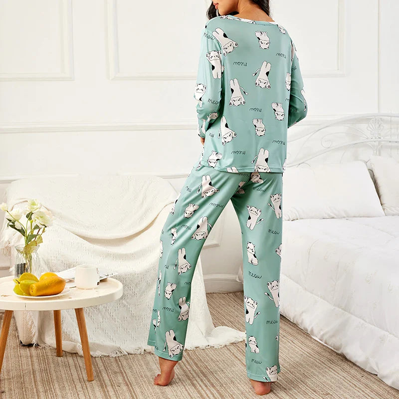 Cralom Green Cat Print Pajama Set - Long Sleeve Top & Pants Sleepwear