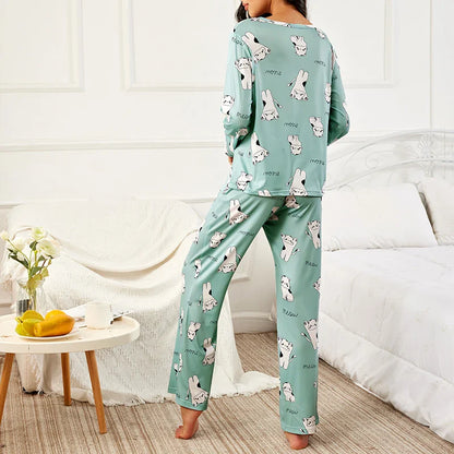 Cralom Green Cat Print Pajama Set - Long Sleeve Top & Pants Sleepwear