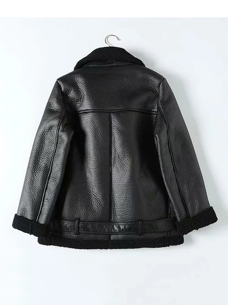 Cralom Women's Sheepskin Aviator Jacket Faux Leather Fur Winter Coat