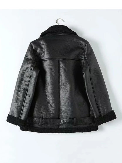 Cralom Women's Sheepskin Aviator Jacket Faux Leather Fur Winter Coat