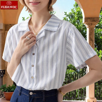 Cralom 2025 Summer Striped Button Blouse - Short Sleeve Casual Retro Top for Women