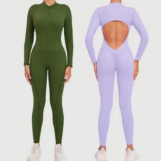 Cralom Seamless Long Sleeve Yoga Bodysuit with Back Cutout & Zipper