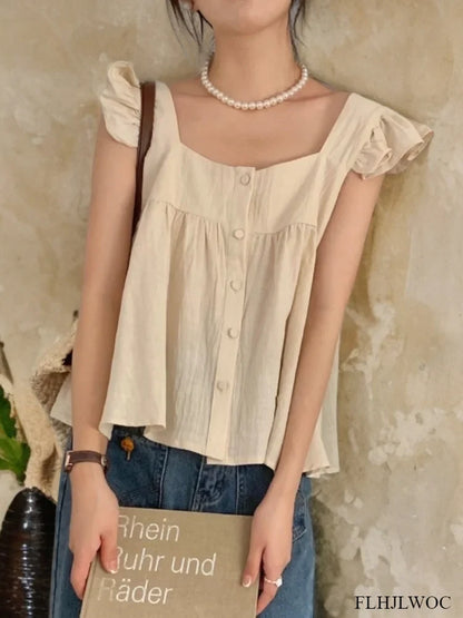 Cralom Ruffled Blouse: Retro Chic Single-Breasted Shirt for Girls