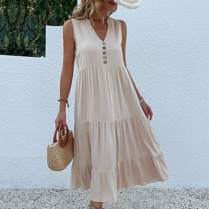 Cralom Women's Solid Color Loose A-Line Midi Dress - 2024 Summer Fashion