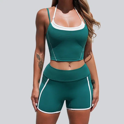 Cralom Seamless Yoga Set: Halter Top & Quick-Dry Flare Shorts - Gym Fitness Outfit