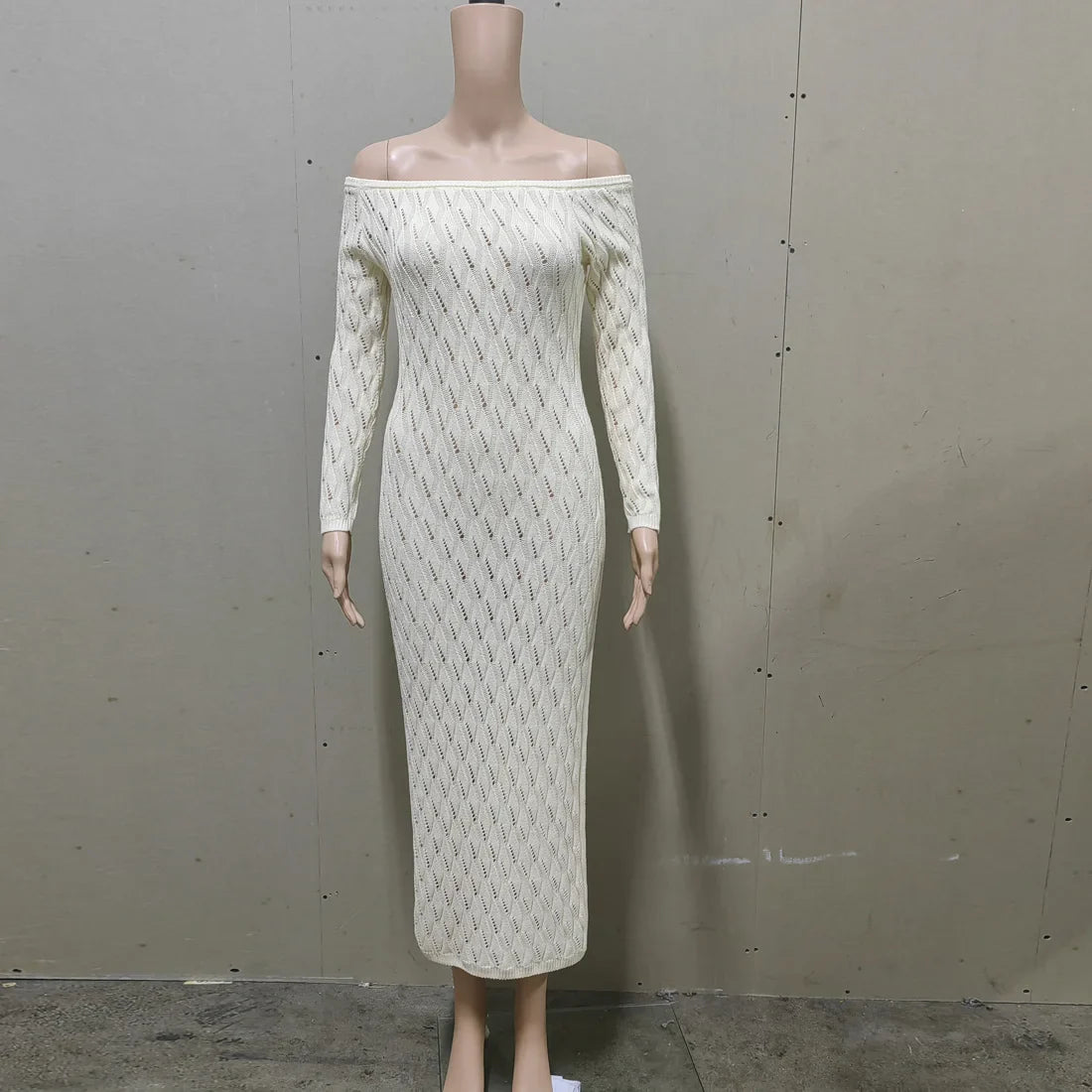Cralom Off-Shoulder Knitted Long Dress with Elegant Hollow Out Design