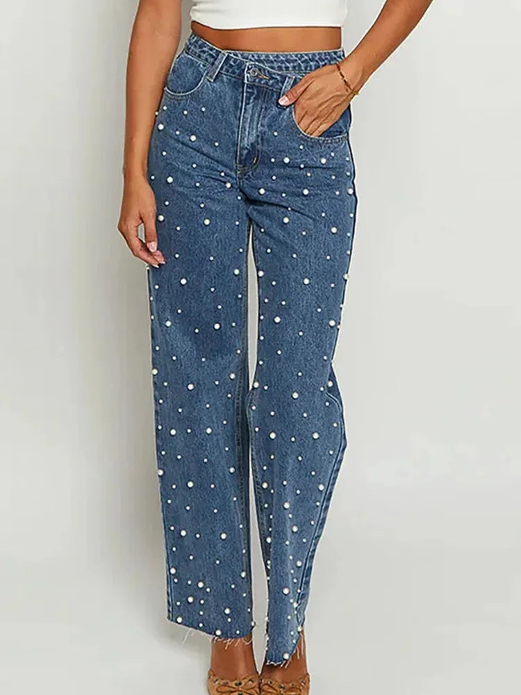 Cralom Beaded Vintage Washed Blue Jeans - High Waist Loose Straight Pant