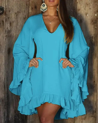 Cralom Sweet Ruffle Hem Bell Sleeve V-Neck Long Sleeve Dress