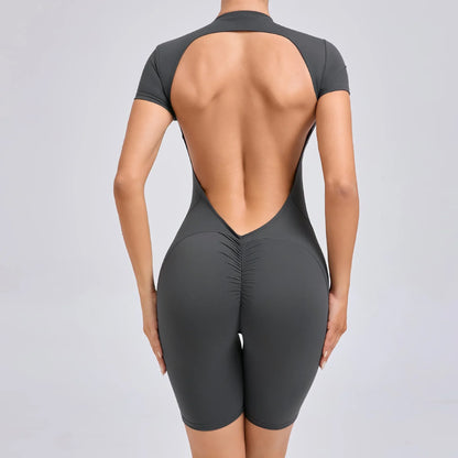 Cralom Backless Zipper Yoga Bodysuit: Short Sleeve Gym Activewear for Running & Workout