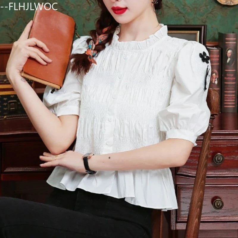Cralom Cotton Peplum Button White Blouse Summer Chic Women's Top