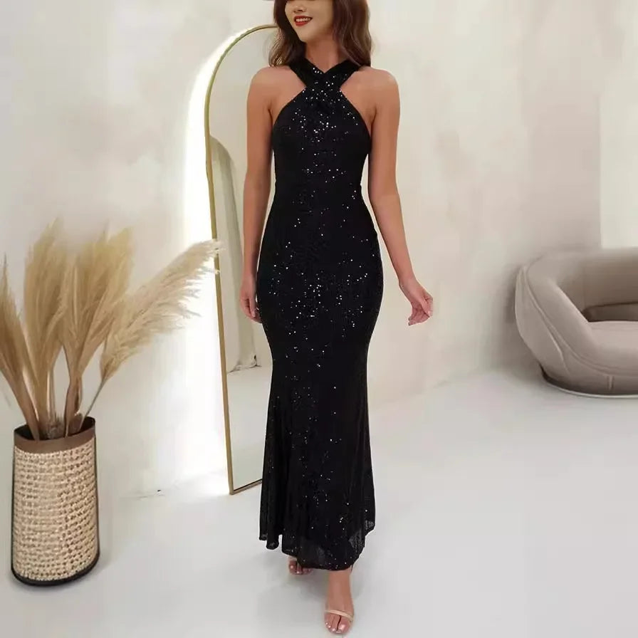 Cralom Sequin Beads Halter Neck Sleeveless Dress