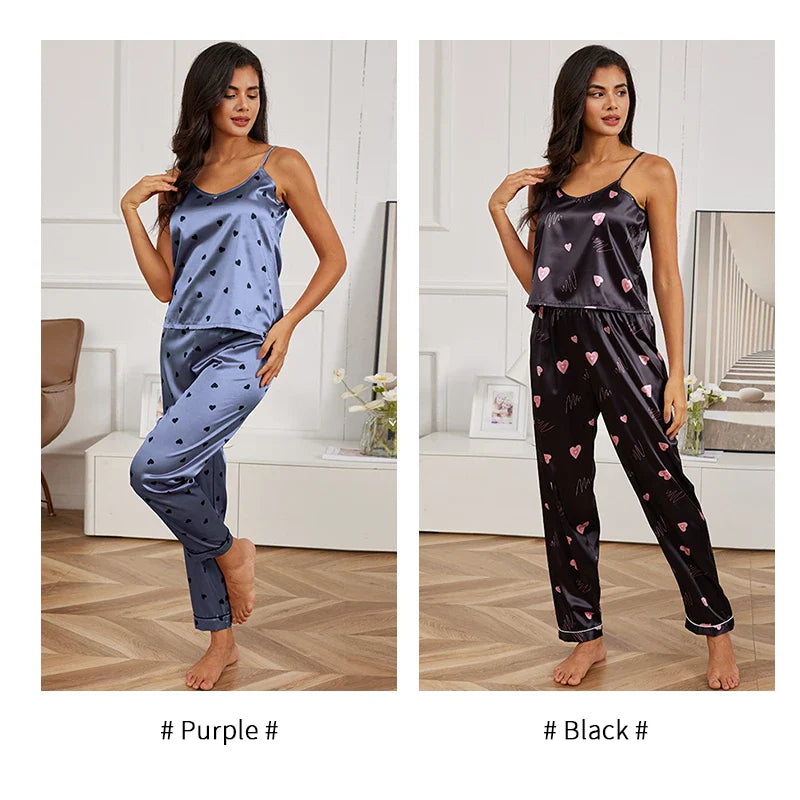 Cralom Silk Pajama Set: V Neck Cami Vest with Trousers, 2 Piece Sleepwear Loungewear