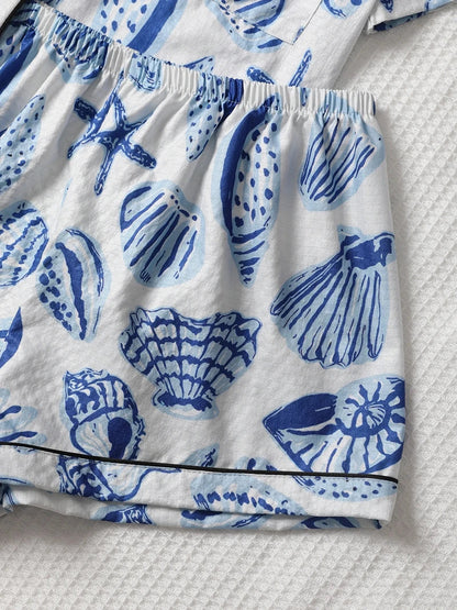 Cralom Shell Print Pajama Set: Short Sleeve Top & Soft Elastic Shorts