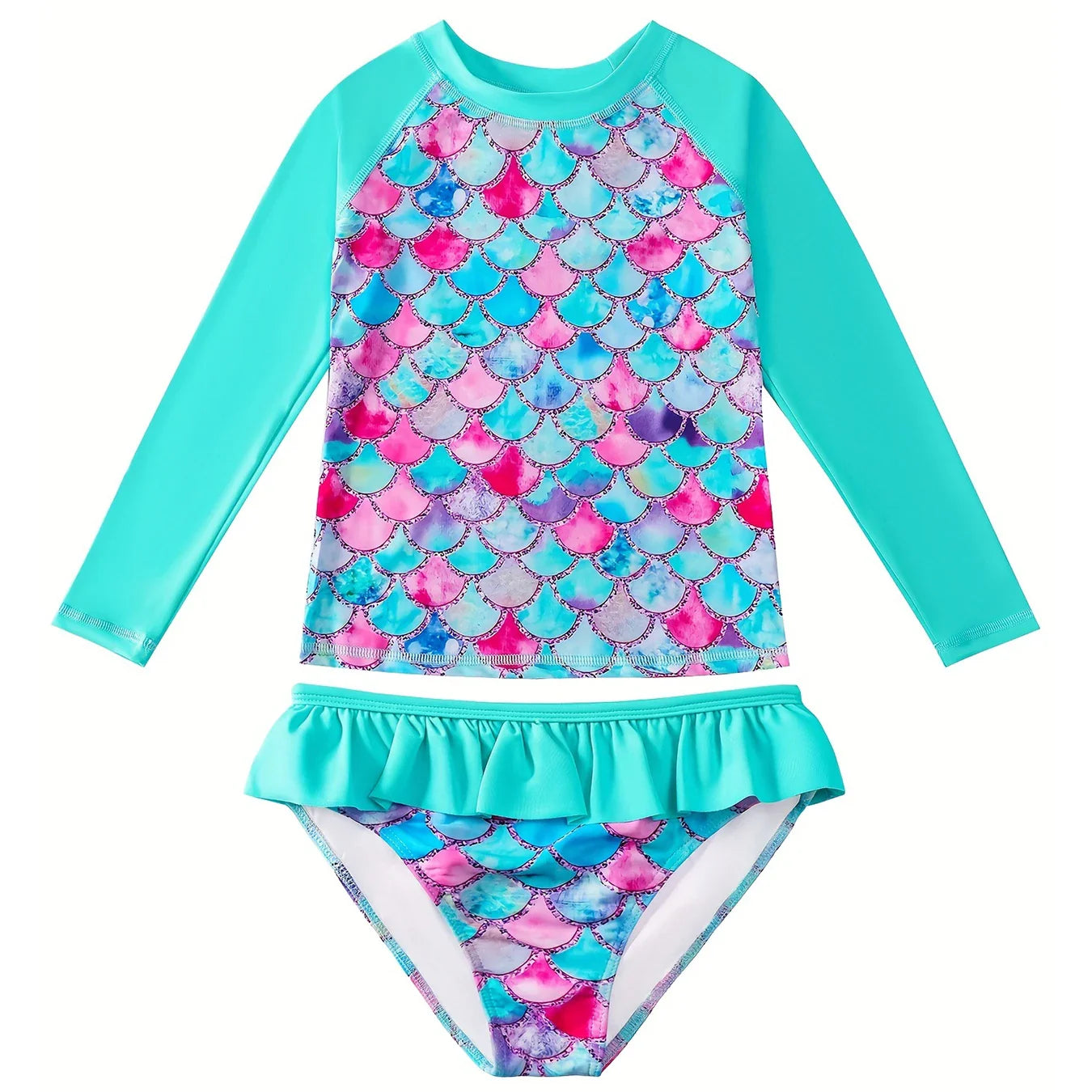Cralom 2-Piece Long-Sleeve Scale Print Girls' Swimwear: Crew Neck Top & Bikini Cut Briefs