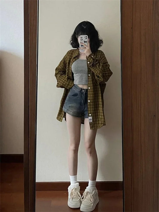 Cralom American Retro Denim Shorts Skinny Hip Hop Jean Shorts