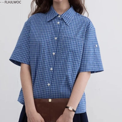 Cralom Blue Plaid Short Sleeve Button Top - Summer Preppy Style Girls Blouse