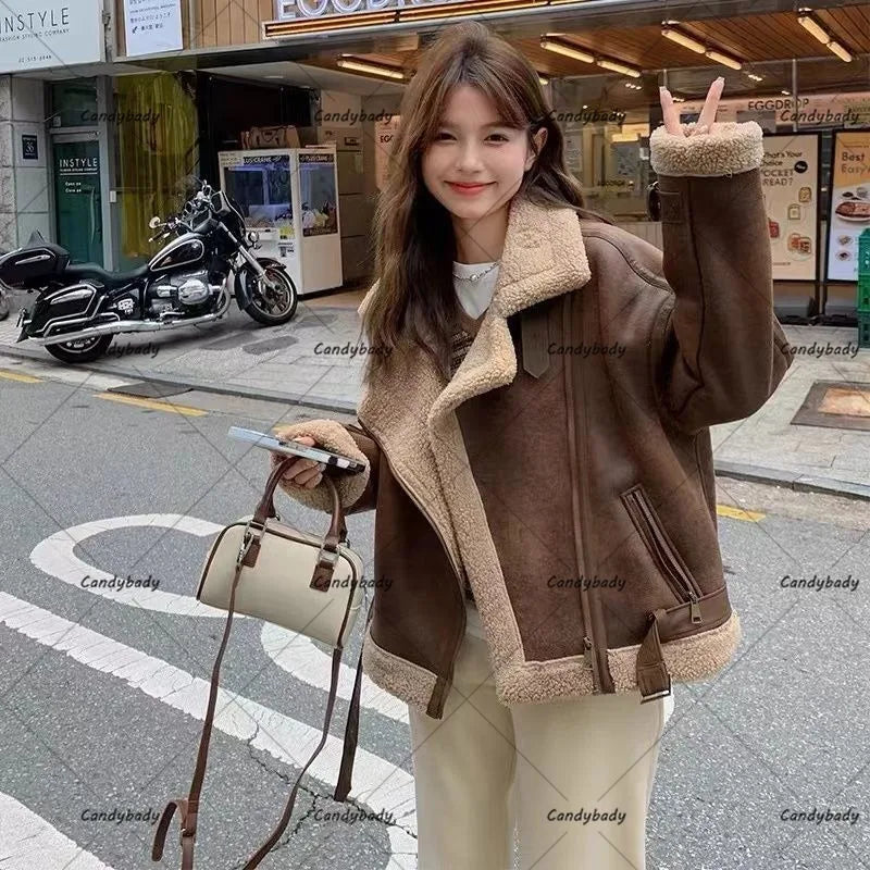 Cralom Imitation Lambswool Coat: Y2K Style Short Fur Jacket for Women