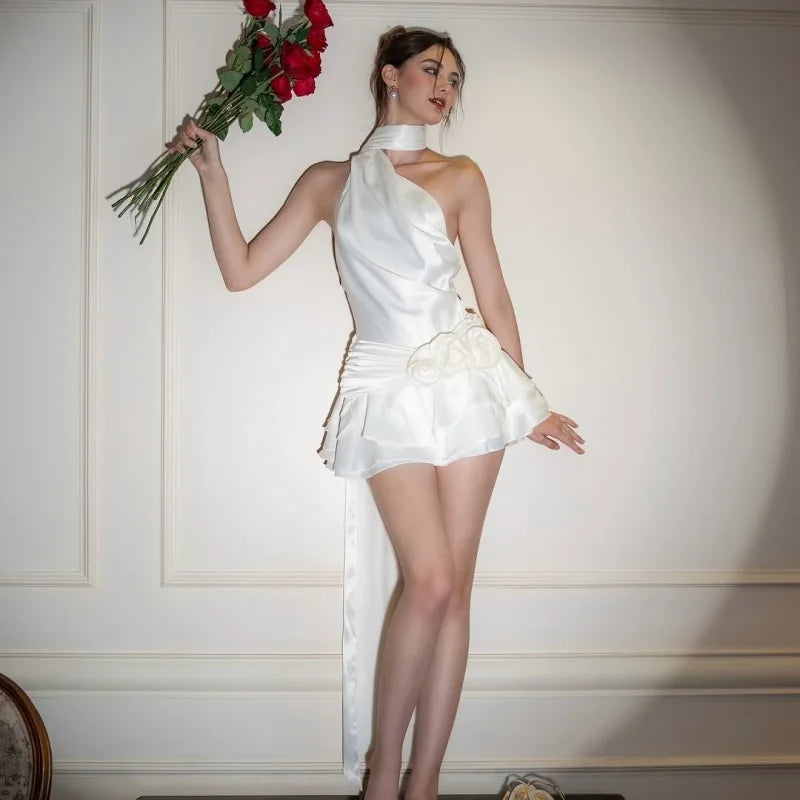 Cralom Satin Backless 3D Flowers Halter A-line Dress, Elegant Party Clubwear