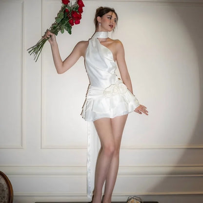 Cralom Satin Backless 3D Flowers Halter A-line Dress, Elegant Party Clubwear